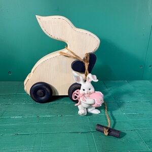 Rustic White Bunny Pull Toy with Pink Bunny Figure